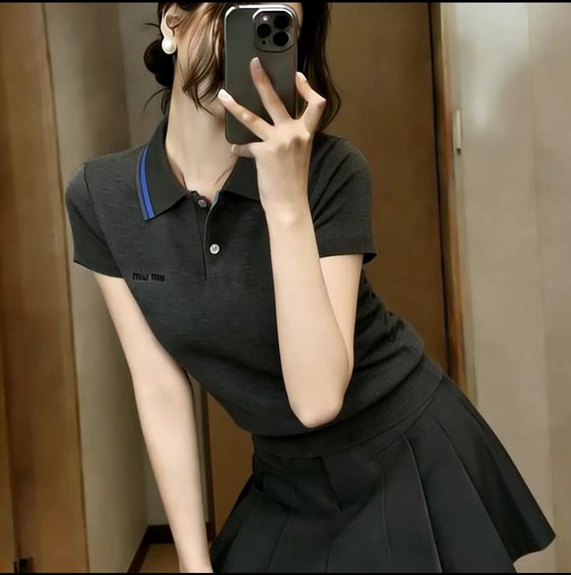 韓系深灰色polo領針織衫短袖女2025夏季新款套頭薄款刺繡T恤上衣