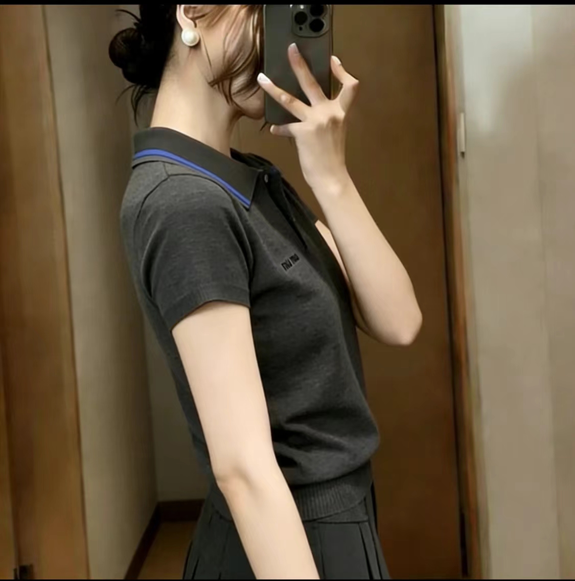 韓系深灰色polo領針織衫短袖女2025夏季新款套頭薄款刺繡T恤上衣
