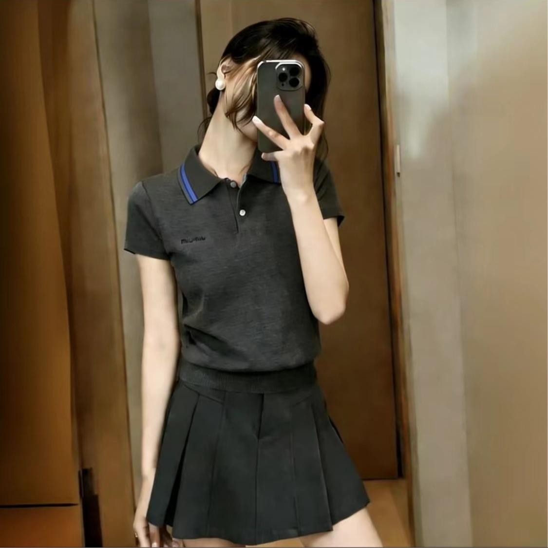 韓系深灰色polo領針織衫短袖女2025夏季新款套頭薄款刺繡T恤上衣