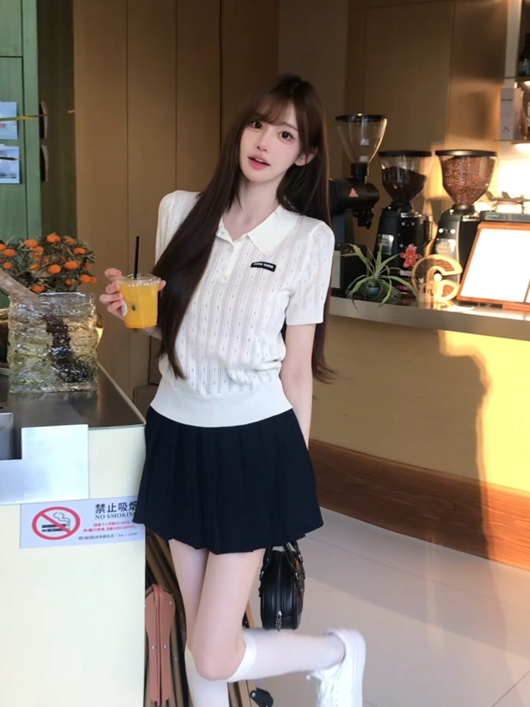 白色polo衫針織短袖t恤女夏季冰絲韓版撞色翻顯瘦領翻領上衣