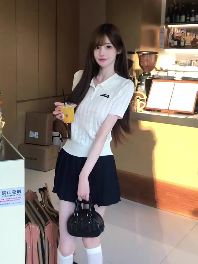 白色polo衫針織短袖t恤女夏季冰絲韓版撞色翻顯瘦領翻領上衣