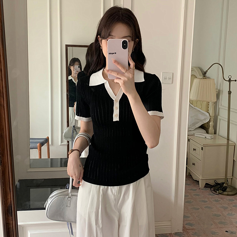 法式黑色polo領針織短袖t恤女夏獨特別致設計感小眾修身甜辣上衣