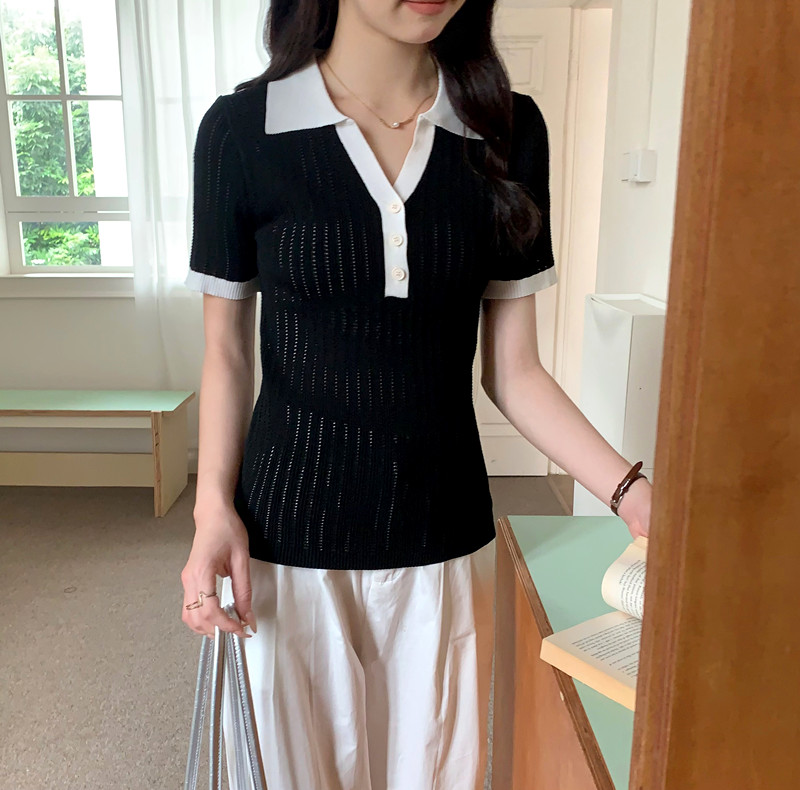 法式黑色polo領針織短袖t恤女夏獨特別致設計感小眾修身甜辣上衣