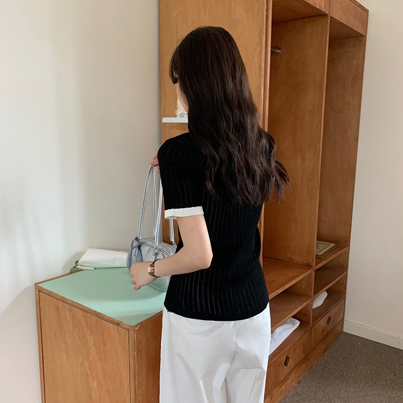 法式黑色polo領針織短袖t恤女夏獨特別致設計感小眾修身甜辣上衣