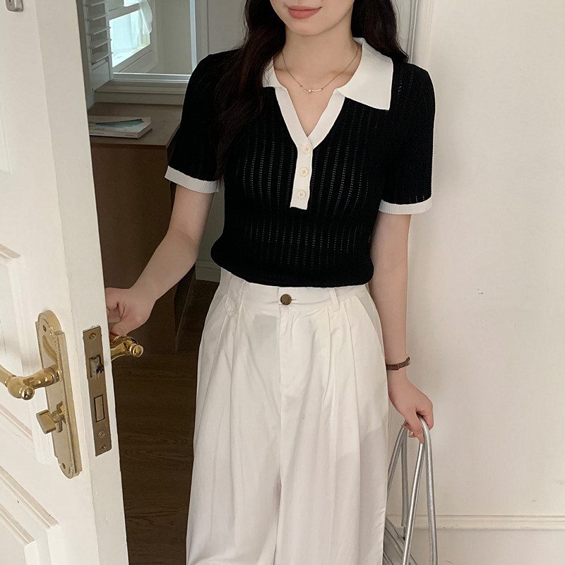 法式黑色polo領針織短袖t恤女夏獨特別致設計感小眾修身甜辣上衣