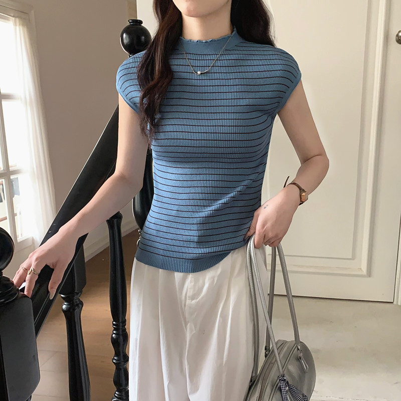 復古氣質圓領撞色條紋T恤女夏季無袖修身通勤背心套頭針織衫上衣
