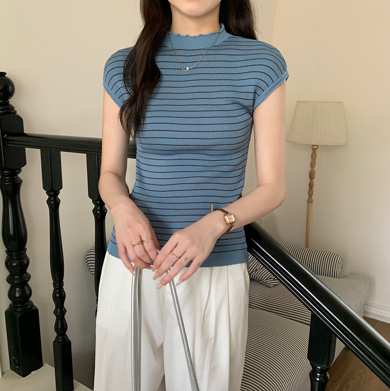 復古氣質圓領撞色條紋T恤女夏季無袖修身通勤背心套頭針織衫上衣