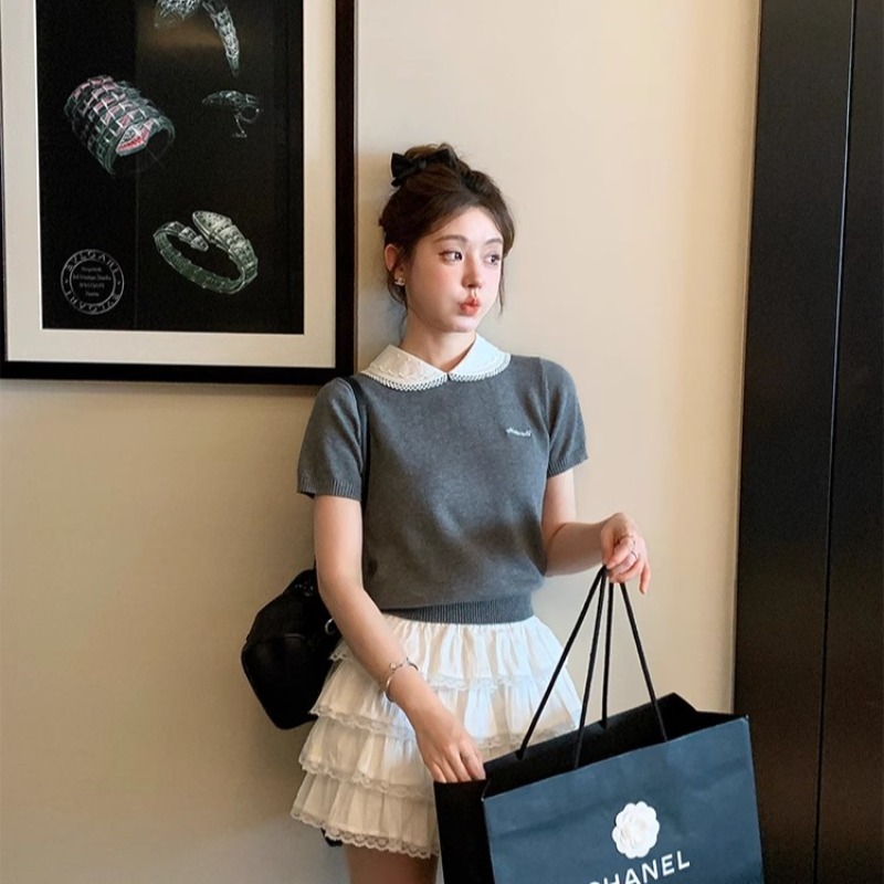 楊小卷 MIU系穿搭 學院風娃娃領針織短袖T恤女減齡假兩件上衣女夏