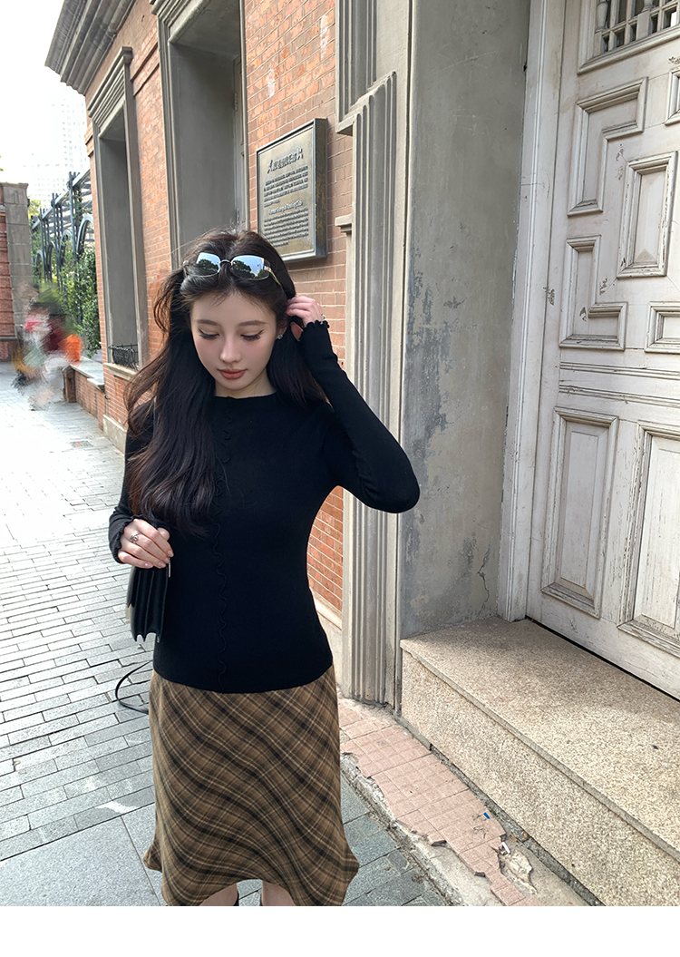 VASSE美蟹 百搭設計感花邊羊毛混紡圓領打底針織女春修身保暖上衣