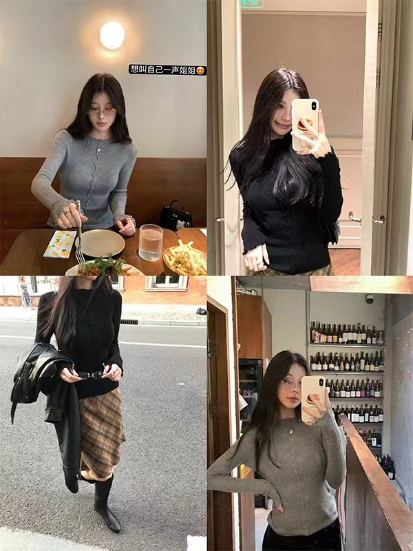 VASSE美蟹 百搭設計感花邊羊毛混紡圓領打底針織女春修身保暖上衣