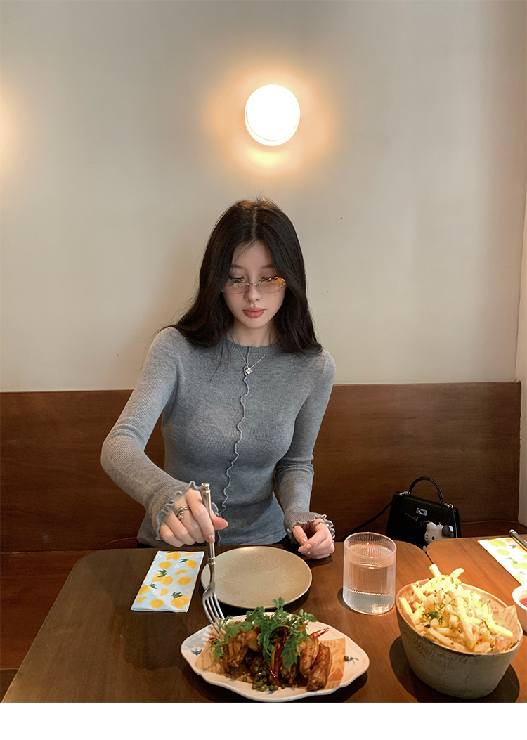 VASSE美蟹 百搭設計感花邊羊毛混紡圓領打底針織女春修身保暖上衣