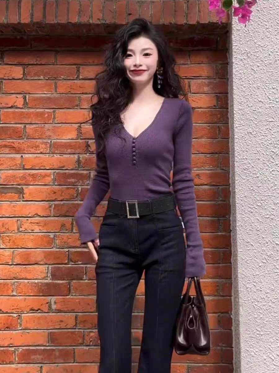 紫色V領長袖針織打底衫女春季毛衣巨好看氣質內搭修身純欲上衣