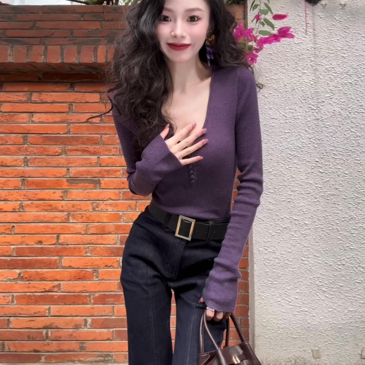 紫色V領長袖針織打底衫女春季毛衣巨好看氣質內搭修身純欲上衣