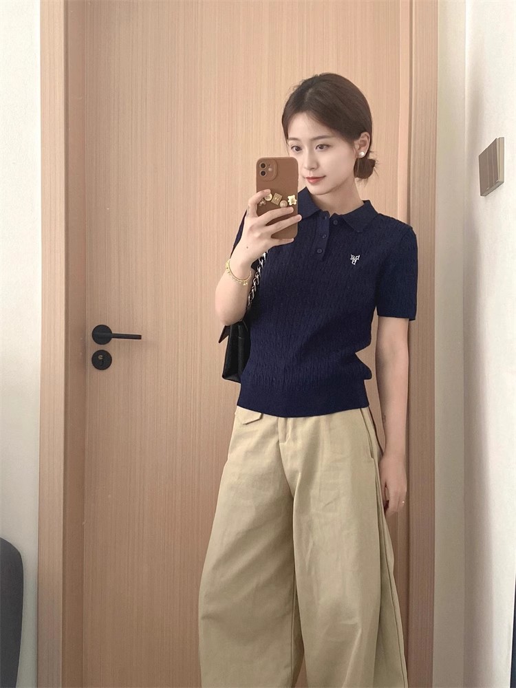 法式復古翻領麻花Polo衫短袖夏季毛衣美式t恤藏藍色針織衫上衣女