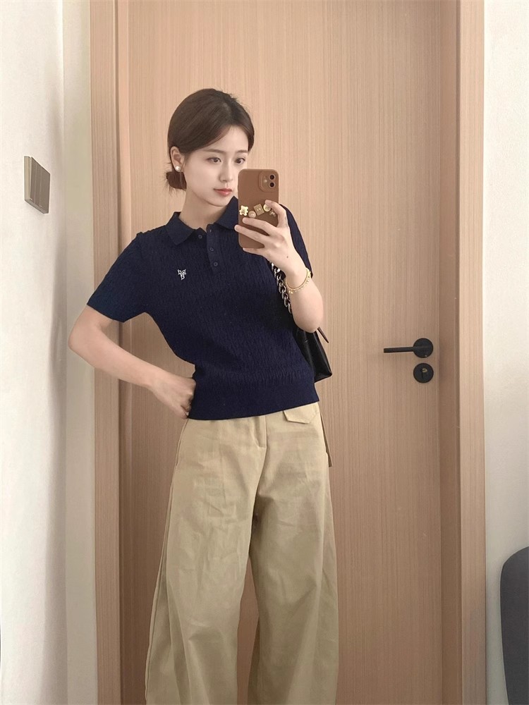 法式復古翻領麻花Polo衫短袖夏季毛衣美式t恤藏藍色針織衫上衣女