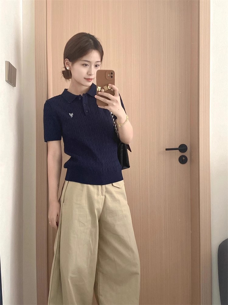 法式復古翻領麻花Polo衫短袖夏季毛衣美式t恤藏藍色針織衫上衣女