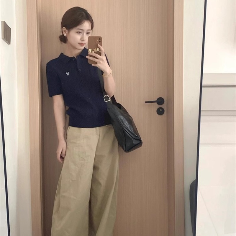 法式復古翻領麻花Polo衫短袖夏季毛衣美式t恤藏藍色針織衫上衣女