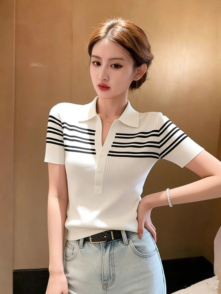 韓系chic撞色條紋拼接短袖針織衫女2026年夏季洋氣減齡短款上衣服