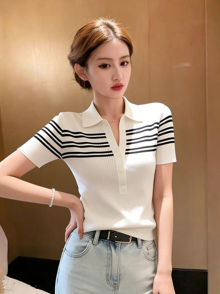 韓系chic撞色條紋拼接短袖針織衫女2026年夏季洋氣減齡短款上衣服