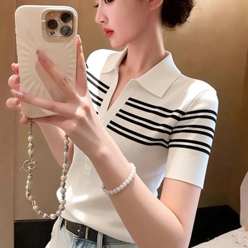韓系chic撞色條紋拼接短袖針織衫女2026年夏季洋氣減齡短款上衣服
