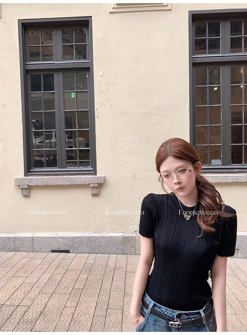 番茄俠jennie同款老錢風冰麻圓領針織短袖上衣女正肩修身顯瘦t恤