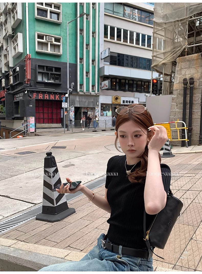 番茄俠jennie同款老錢風冰麻圓領針織短袖上衣女正肩修身顯瘦t恤