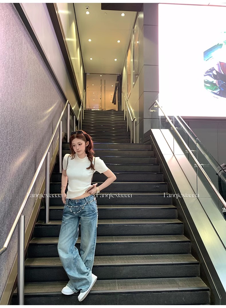 番茄俠jennie同款老錢風冰麻圓領針織短袖上衣女正肩修身顯瘦t恤