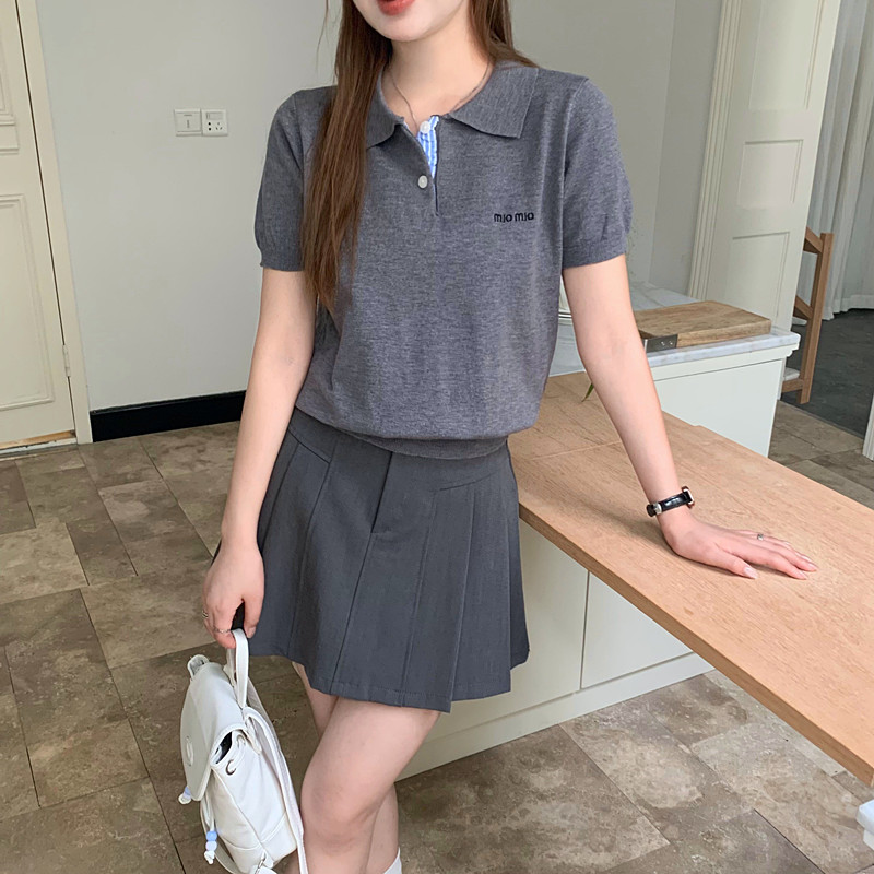 BRIVIN韓系灰色假兩件polo領針織衫短袖女2026夏季新款薄款上衣