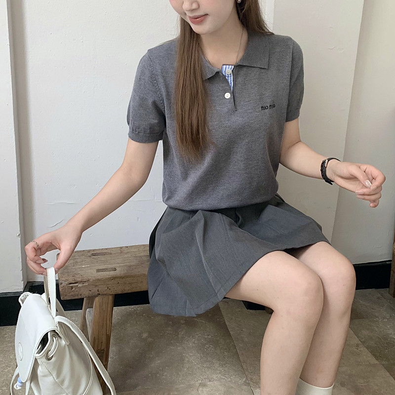 BRIVIN韓系灰色假兩件polo領針織衫短袖女2026夏季新款薄款上衣