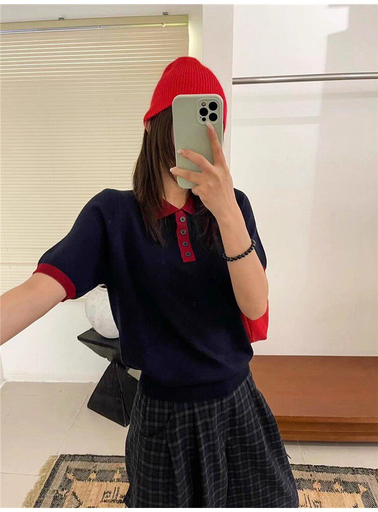 設計感小眾拼色針織短袖t恤女夏季時尚Polo領顯瘦百搭體恤上衣服
