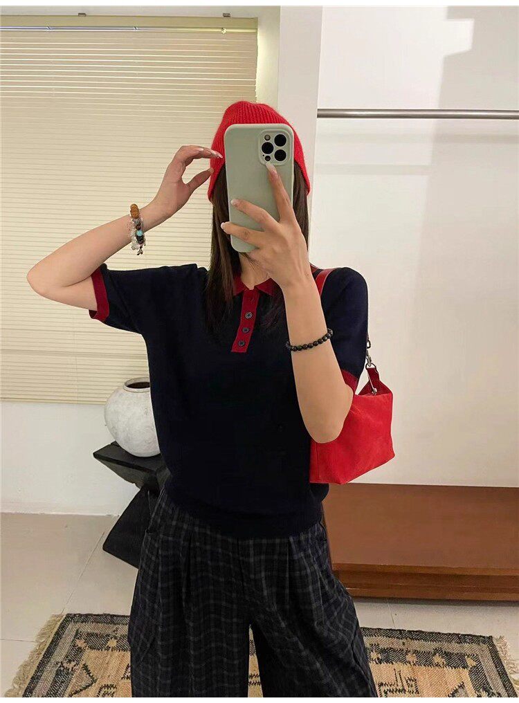 設計感小眾拼色針織短袖t恤女夏季時尚Polo領顯瘦百搭體恤上衣服