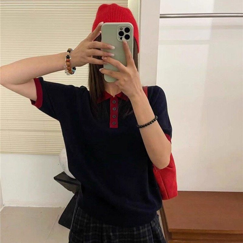 設計感小眾拼色針織短袖t恤女夏季時尚Polo領顯瘦百搭體恤上衣服