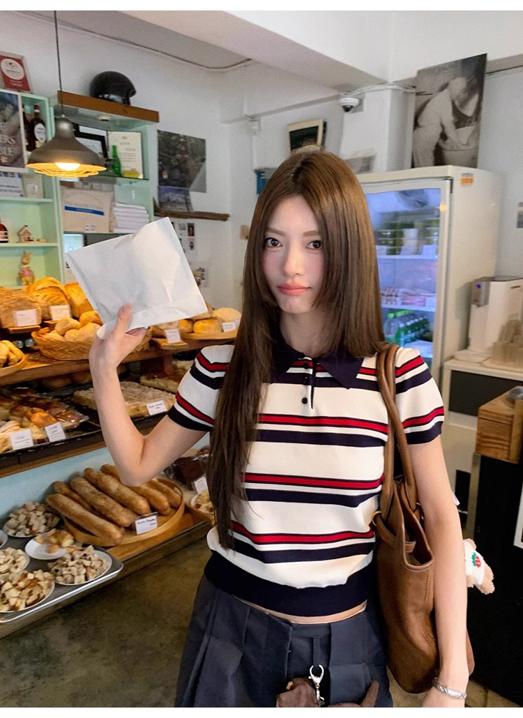 牙套大汪miu系polo針織條紋polo衫短袖t恤女正肩翻領短款上衣