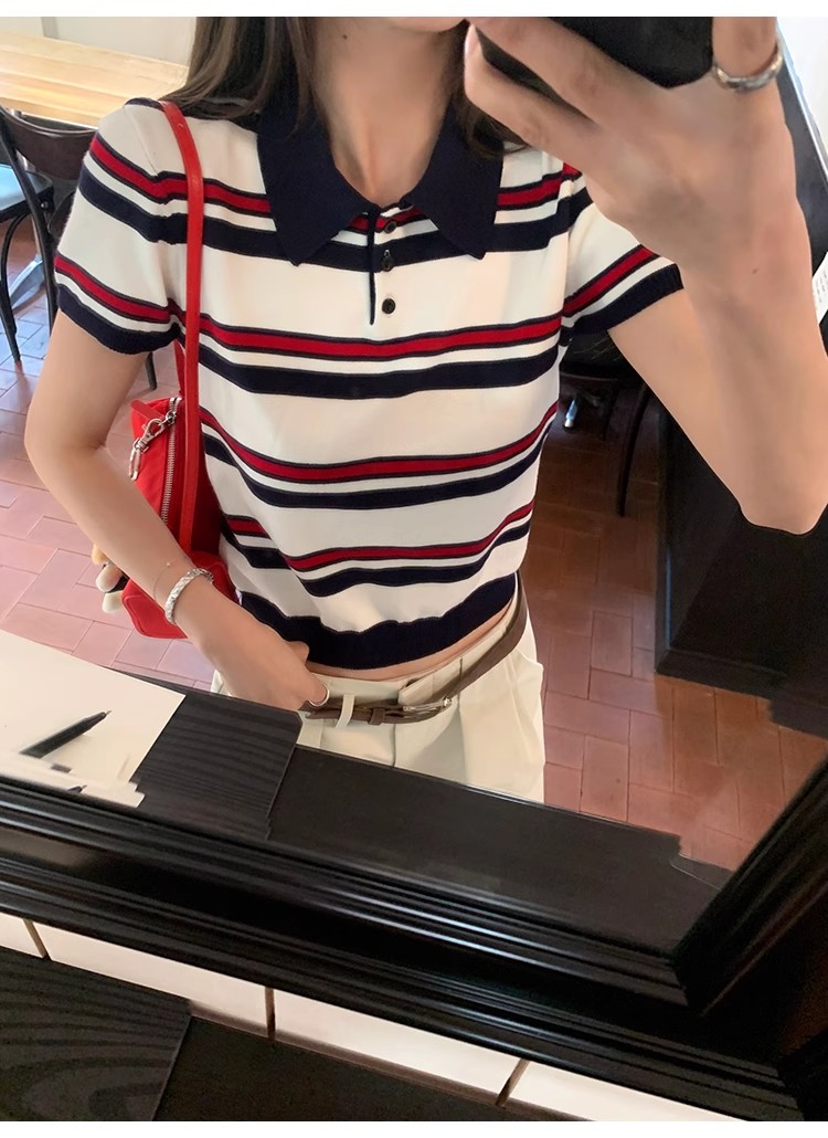 牙套大汪miu系polo針織條紋polo衫短袖t恤女正肩翻領短款上衣