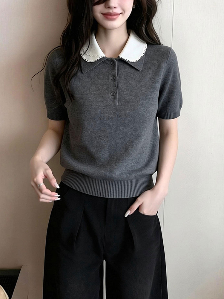 淑女風娃娃領灰色短袖針織衫女2026春季新款設計百搭顯瘦通勤上衣