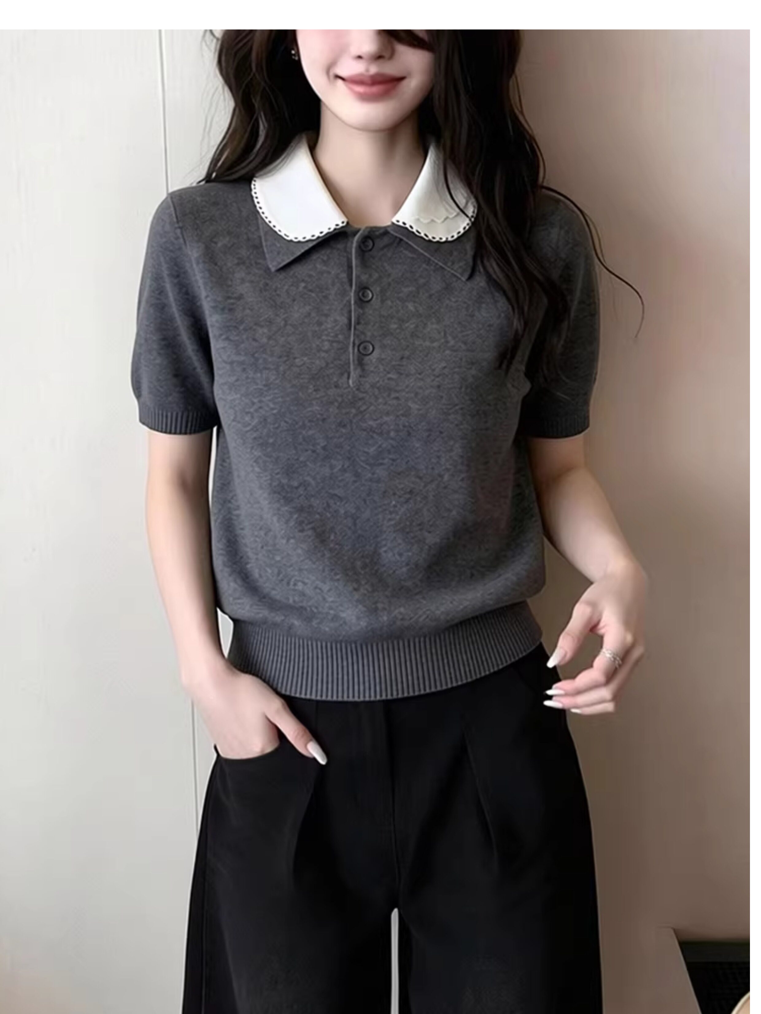 淑女風娃娃領灰色短袖針織衫女2026春季新款設計百搭顯瘦通勤上衣
