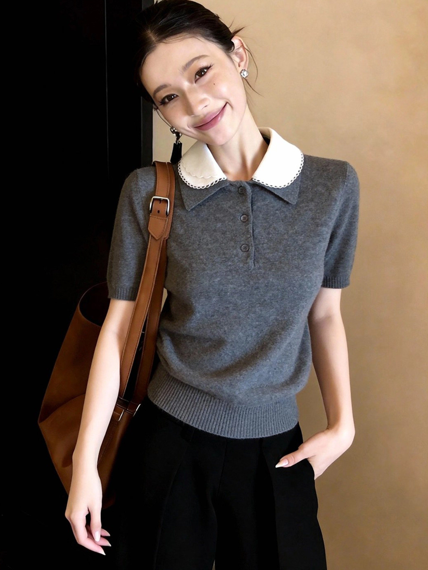 春季穿搭娃娃領灰色短袖針織衫女內搭外穿獨特超好看上衣2026新款