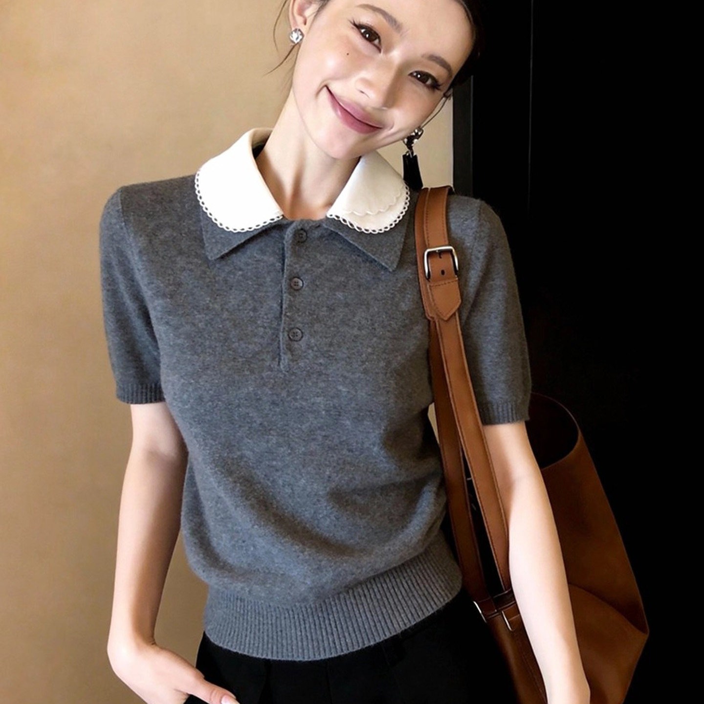 春季穿搭娃娃領灰色短袖針織衫女內搭外穿獨特超好看上衣2026新款