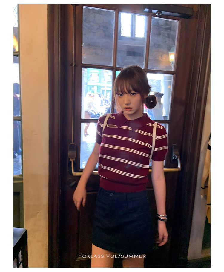 王少女的店 條紋Polo領針織衫女夏季韓版寬松拼接超高級短袖上衣
