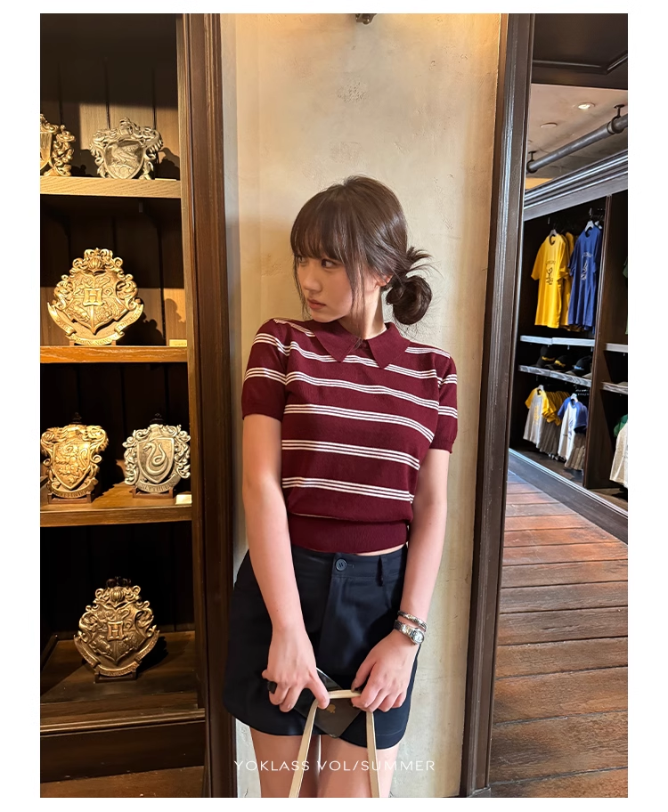 王少女的店 條紋Polo領針織衫女夏季韓版寬松拼接超高級短袖上衣