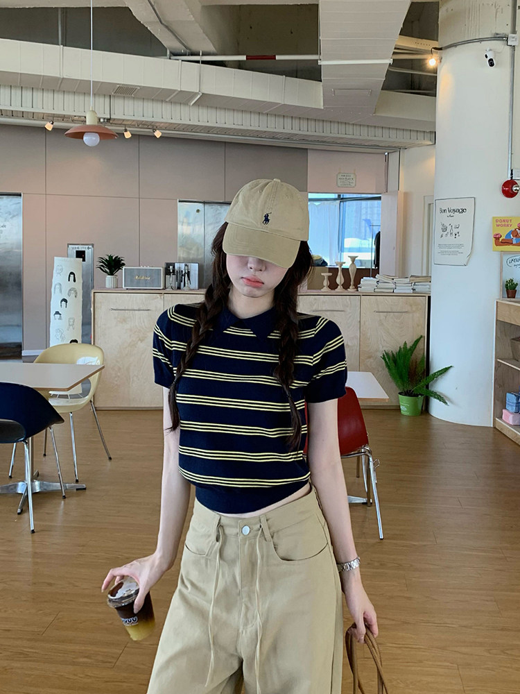烏77韓版學院風polo領條紋針織短袖女早春修身顯瘦百搭設計感上衣