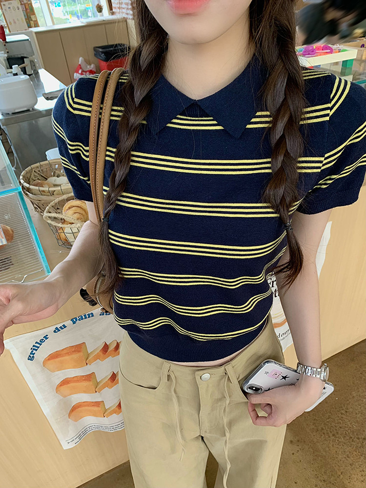 烏77韓版學院風polo領條紋針織短袖女早春修身顯瘦百搭設計感上衣