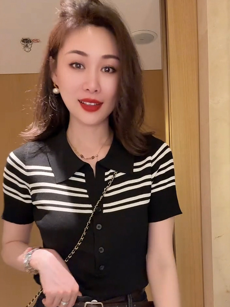 法式時尚撞色條紋翻領冰絲針織衫女2026夏季新款氣質百搭短袖上衣