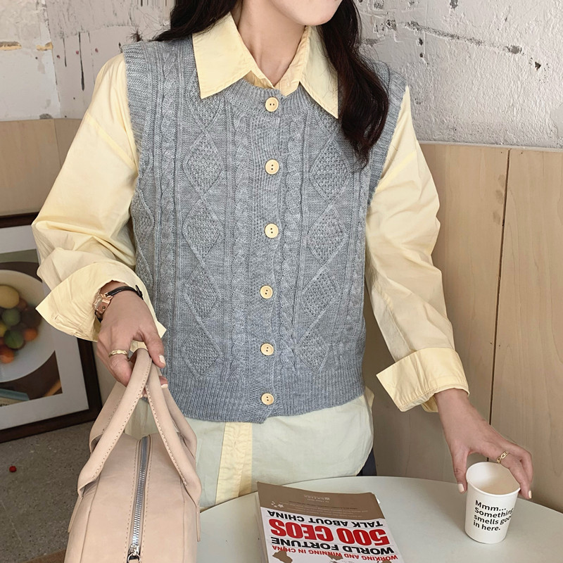 芥末自制復古圖鑒羊毛針織馬甲女春季新款灰色木制扣無袖背心