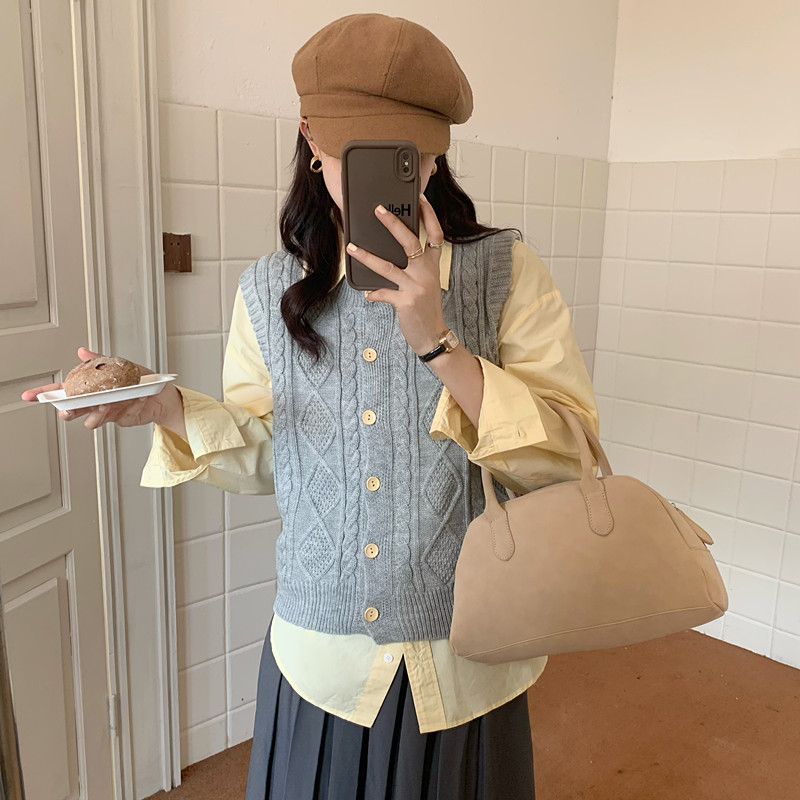 芥末自制復古圖鑒羊毛針織馬甲女春季新款灰色木制扣無袖背心