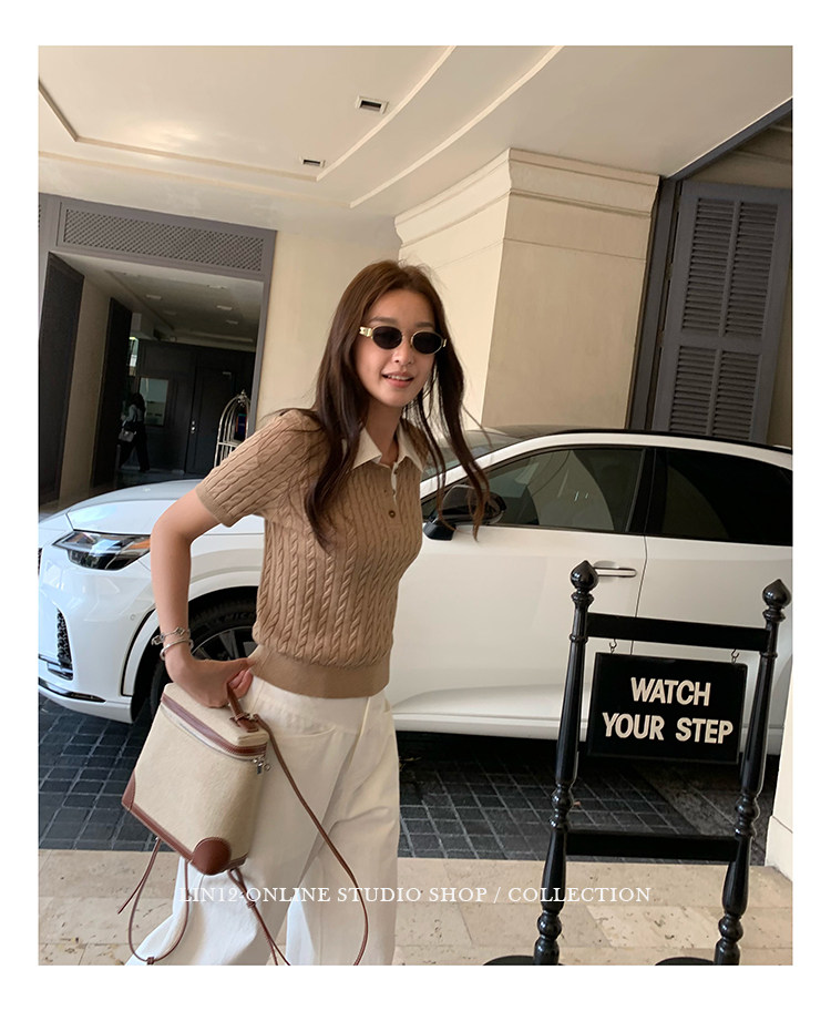 Lin12-Ivy Style 復古POLO領麻花短袖羊毛針織衫老錢正肩修身上衣