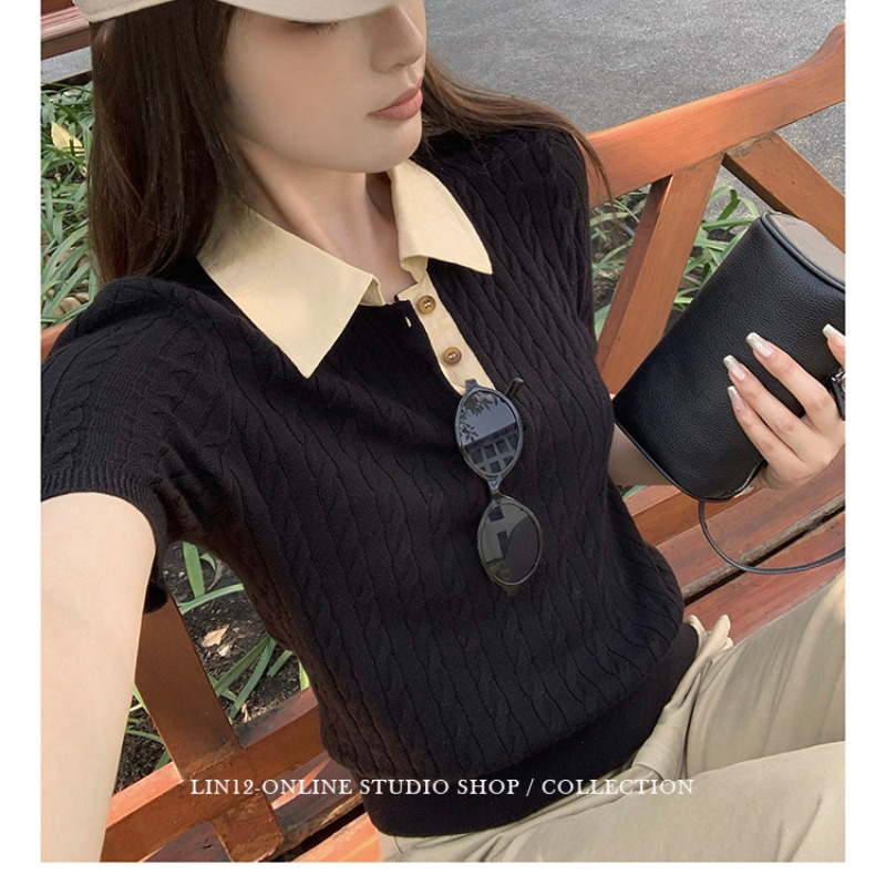 Lin12-Ivy Style 復古POLO領麻花短袖羊毛針織衫老錢正肩修身上衣
