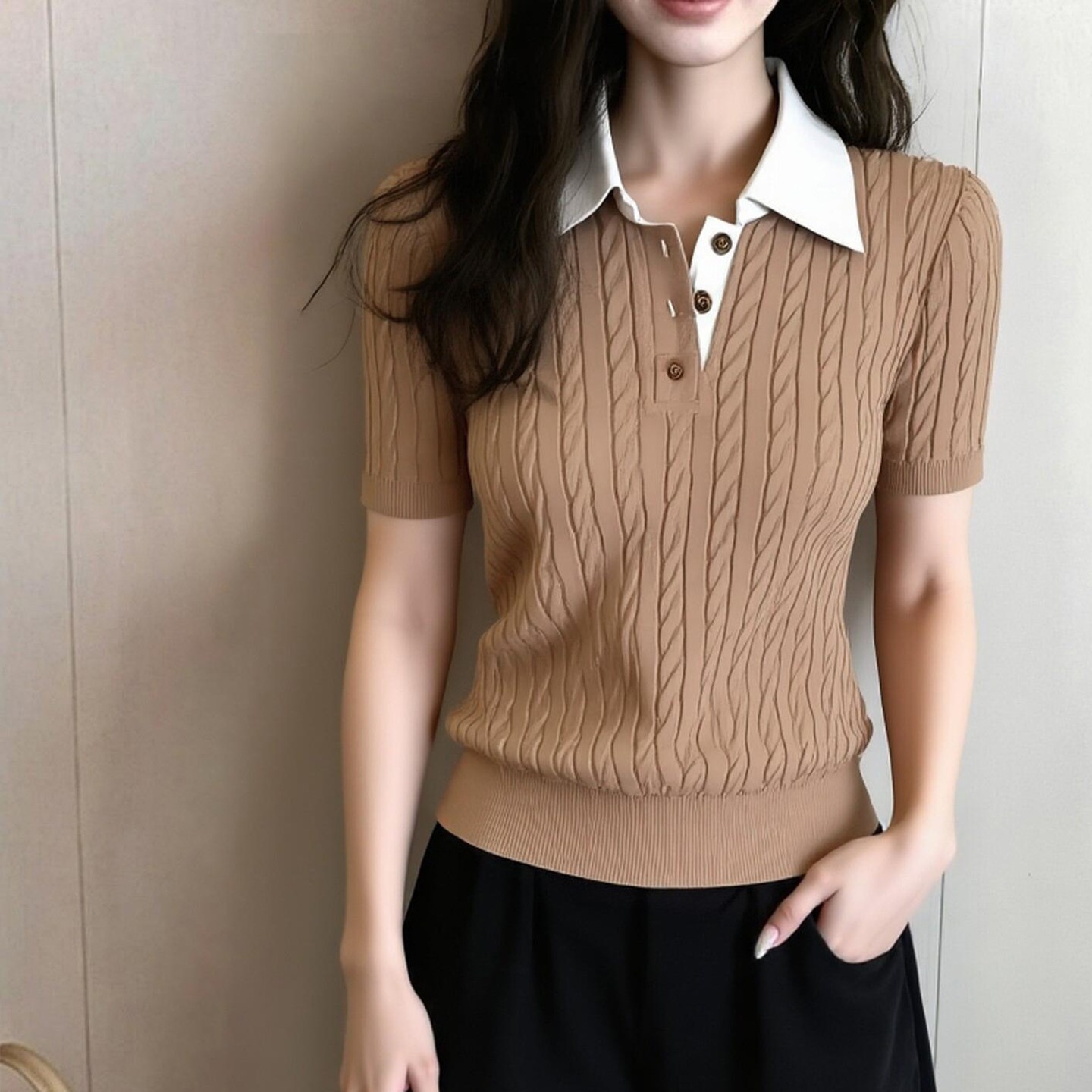 高級感撞色翻領短袖針織衫女2026春季新款百搭顯瘦通勤上衣絞花紋