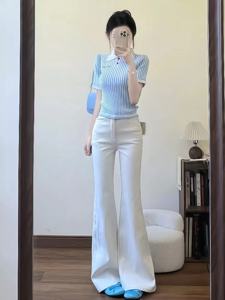 復古撞色條紋Polo領短袖針織女夏季修身顯瘦休閑百搭減齡上衣