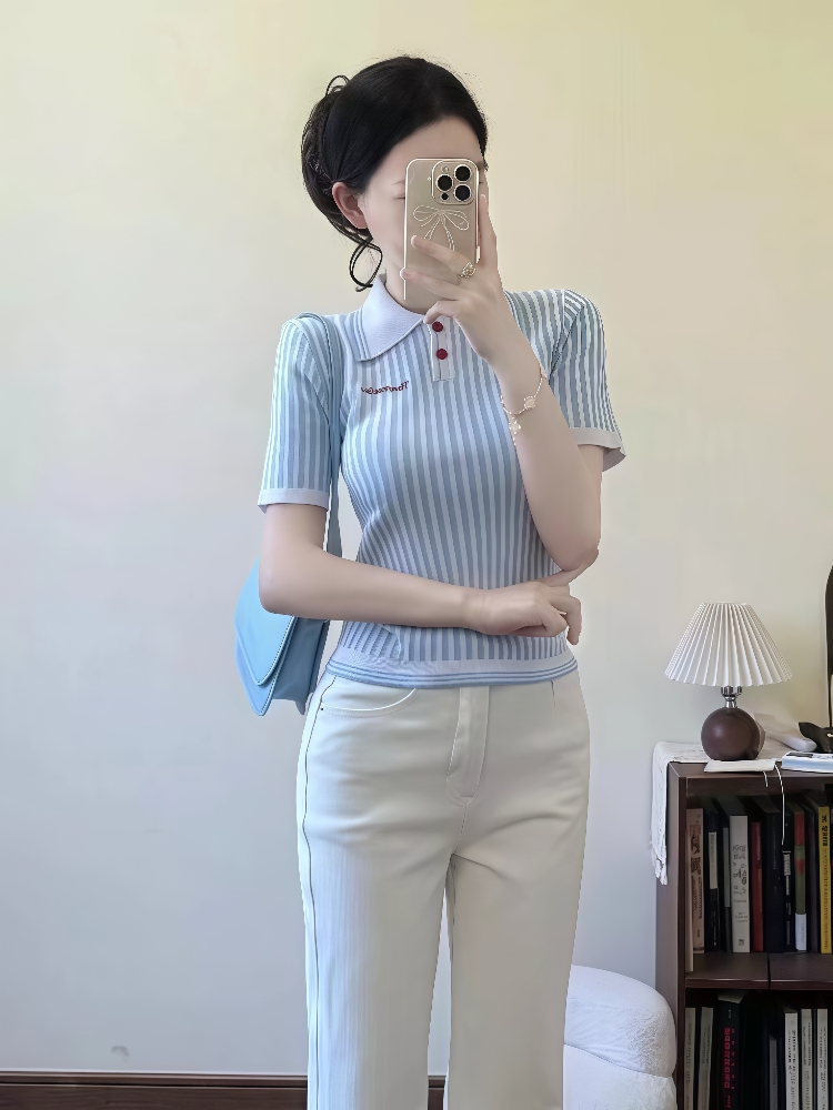 復古撞色條紋Polo領短袖針織女夏季修身顯瘦休閑百搭減齡上衣